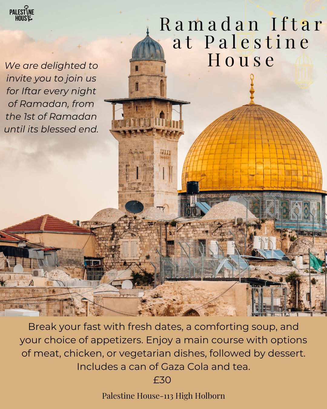 Poster: set memu details for Ramadan Iftar at Palestine House 2025